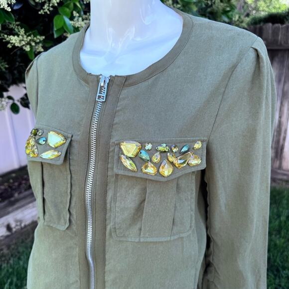 H&M Conscious Collection Beaded Jacket Olive Green Women's Size 6 - Picture 2 of 9